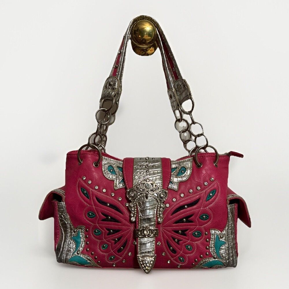 Cowgirl Trendy Pink Butterfly Bling Conceal Carry Shoulder Bag Tote Bling